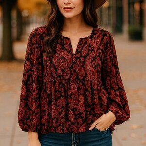 Flora & Ivy Boho Paisley Peasant Blouse – Black & Red, Size Medium